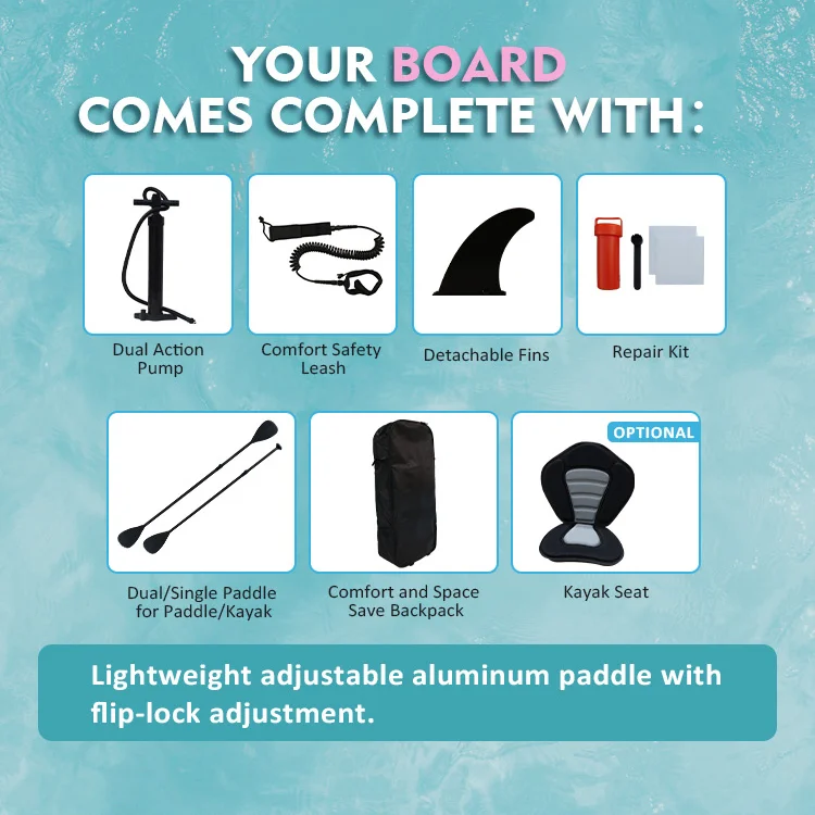 Illustration showing paddle board accessories including a pump, leash, fins, repair kit, paddle, backpack, and optional kayak seat.