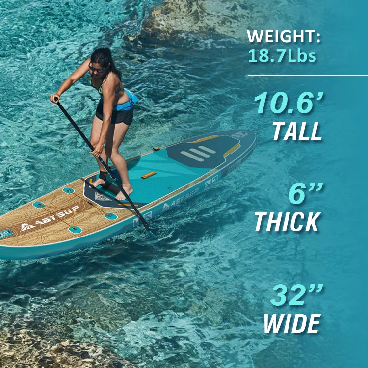 Individual stand-up paddleboarding on clear water using a turquoise board with specifications displayed: 10.6 feet tall, 6 inches thick, 32 inches wide, 18.7 lbs weight.
