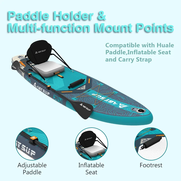Inflatable paddle board equipped with adjustable paddle, inflatable seat, and footrest, showcasing its multi-function mount points.
