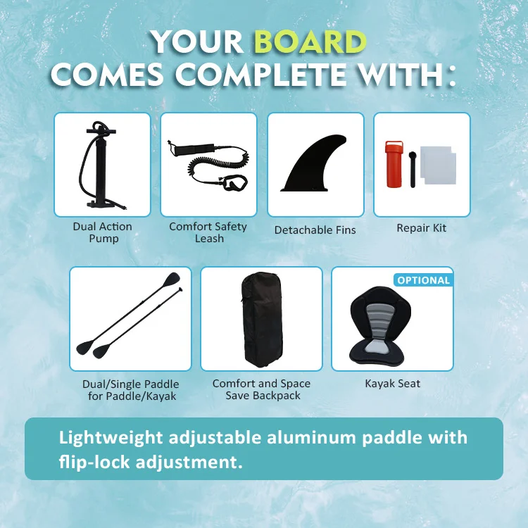Paddleboard accessory kit with pump, leash, fins, repair kit, paddle, backpack, and optional kayak seat.