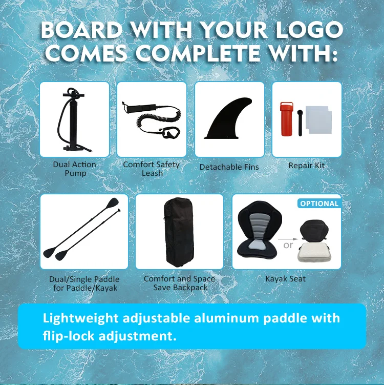 Collage of paddleboard accessories including pump, leash, fins, repair kit, paddle, backpack, and optional kayak seat.