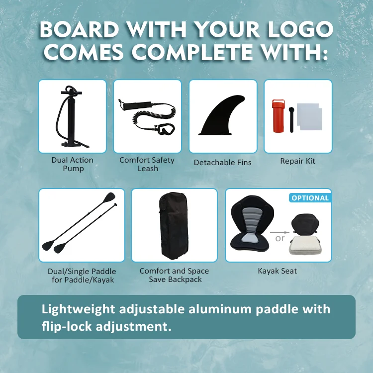 A set of paddleboard accessories including a dual action pump, safety leash, detachable fins, repair kit, paddle, backpack, and optional kayak seat against a water background.