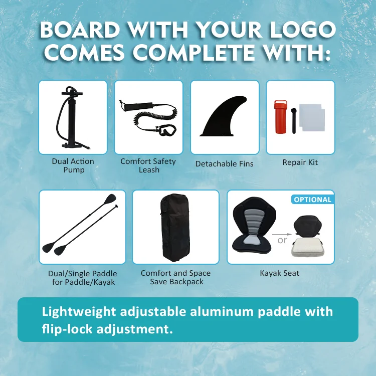 Accessories for paddleboard including pump, leash, fins, repair kit, paddle, backpack, and optional kayak seat.