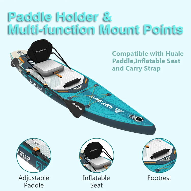 Inflatable paddleboard with paddle holder, adjustable paddle, inflatable seat, and footrest. Text highlights features.