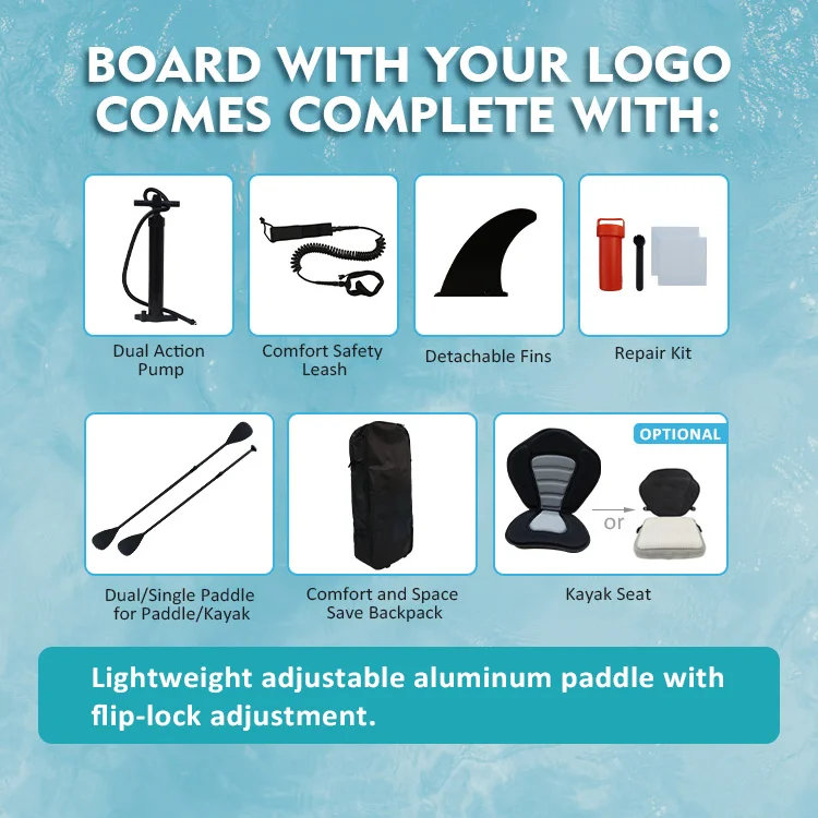 Collection of paddleboard accessories including a pump, safety leash, fins, repair kit, paddle, backpack, and optional kayak seat.