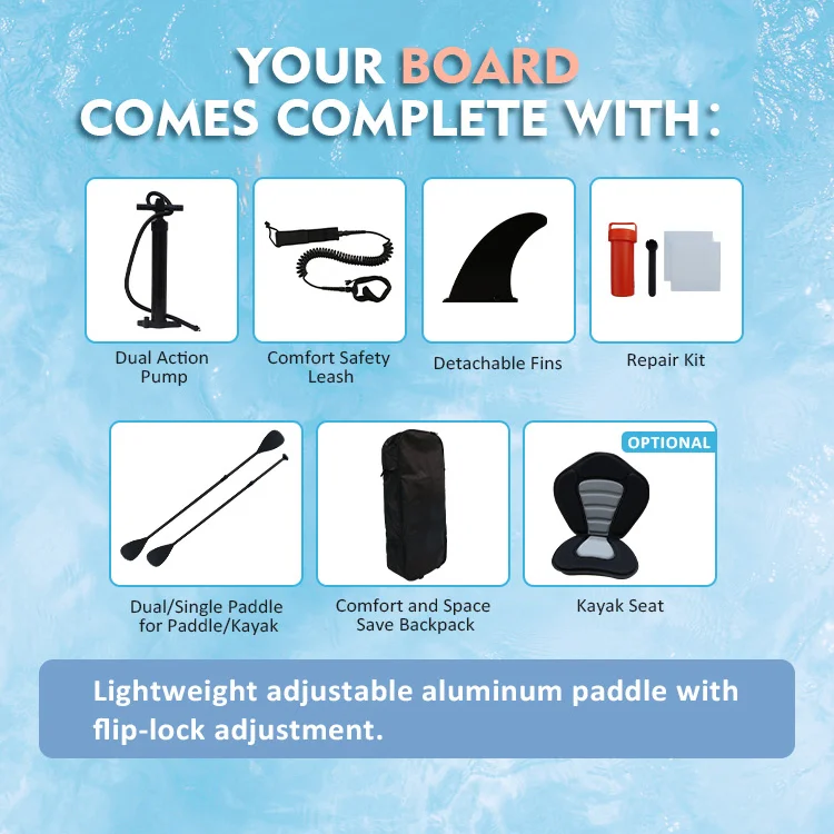 A paddleboard accessory kit featuring a dual action pump, safety leash, detachable fins, repair kit, paddles, backpack, and optional kayak seat.