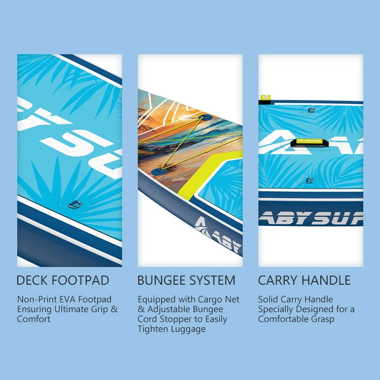 Three close-up sections of a paddleboard showcasing the deck footpad, bungee system, and carry handle against a blue background.