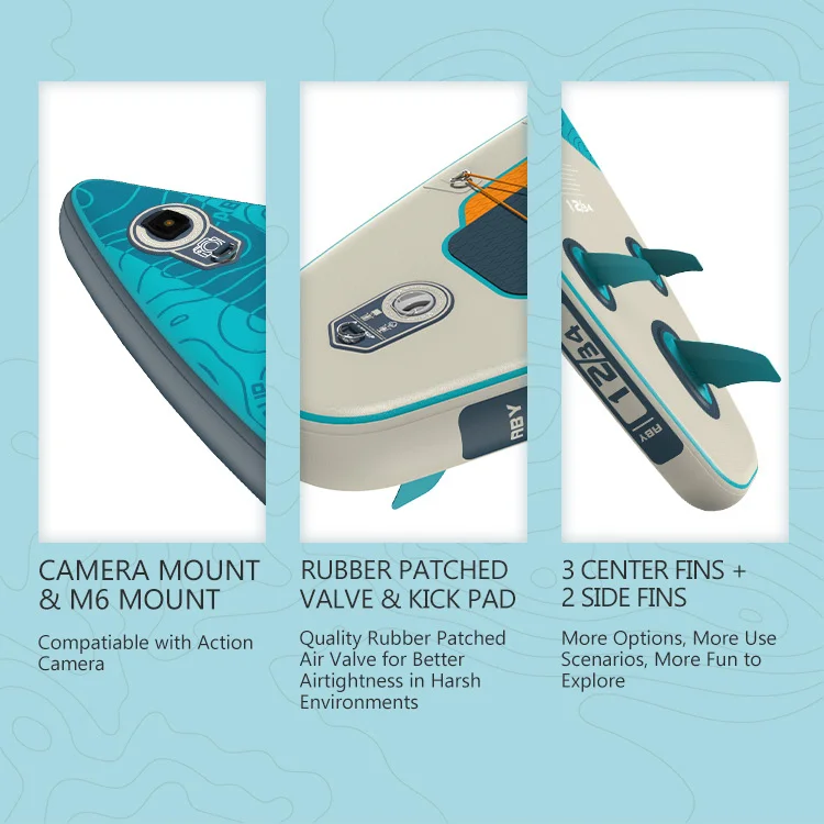 Paddleboard details showing camera mount, rubber patched valve, kick pad, and fin arrangement.