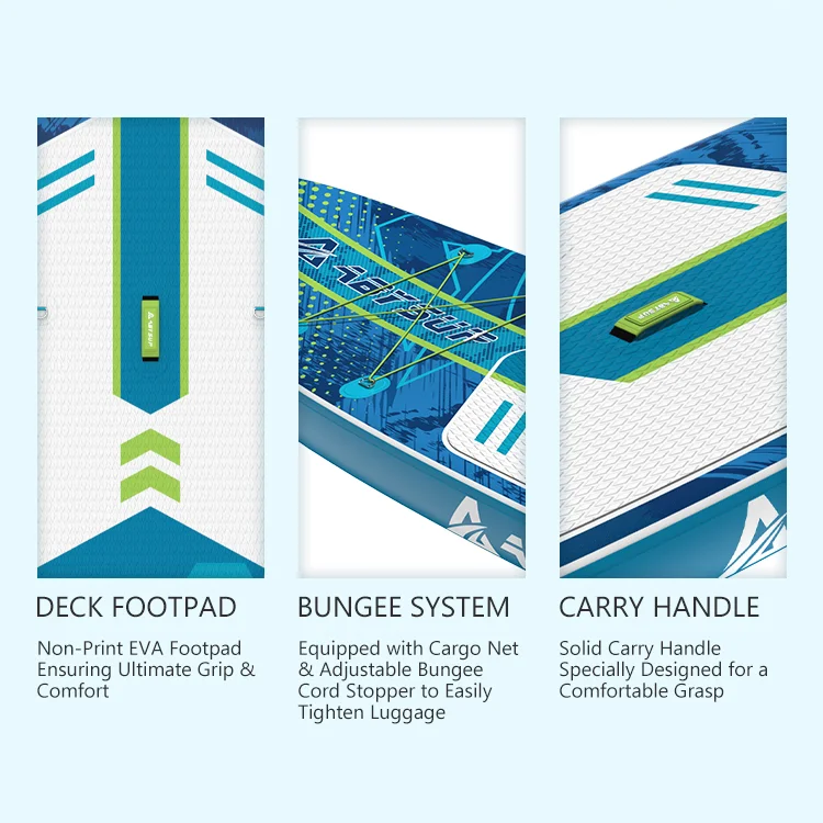 Close-up views of a paddleboard's deck with non-print EVA footpad, bungee system with cargo net, and a solid carry handle.