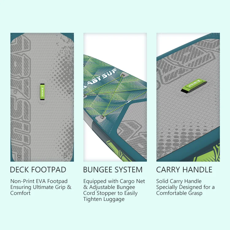 Three sections of a paddleboard showing its deck footpad, bungee system, and carry handle for comfortable use and secure luggage.