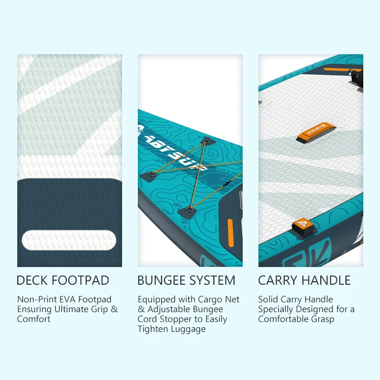 Close-up views of a paddleboard's deck footpad, bungee system, and carry handle, each highlighting specific features and design.