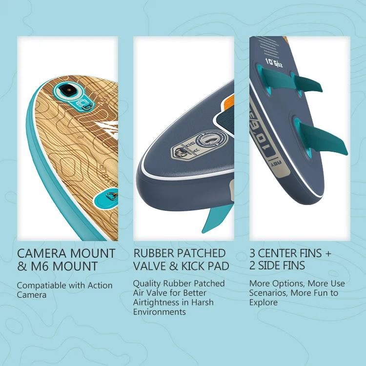 Close-up details of a paddleboard highlighting camera mount, rubber patched valve with kick pad, and fin configuration.