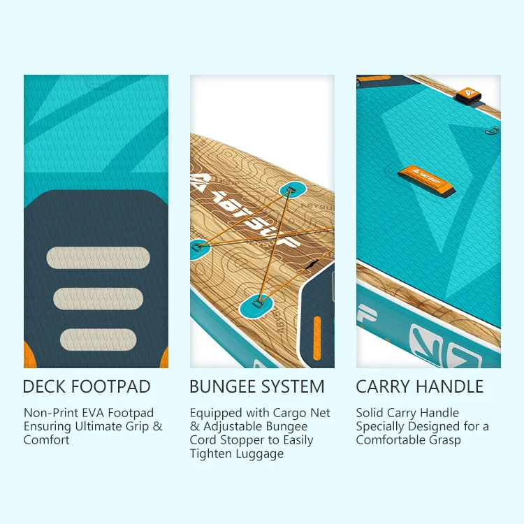 Close-up view of paddleboard features, including EVA footpad, cargo net with bungee system, and carry handle.