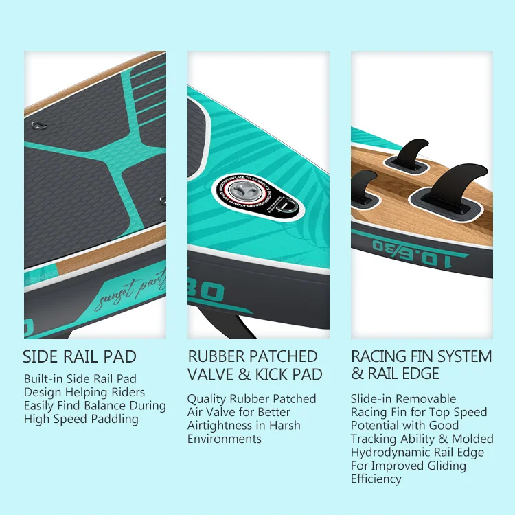 Close-up of paddleboard showing side rail pad, rubber patched valve, and racing fin system on a blue background.