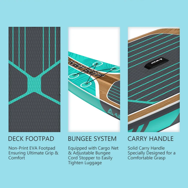 Close-up images highlighting paddleboard features: EVA deck footpad, adjustable cargo bungee system, and solid carry handle.