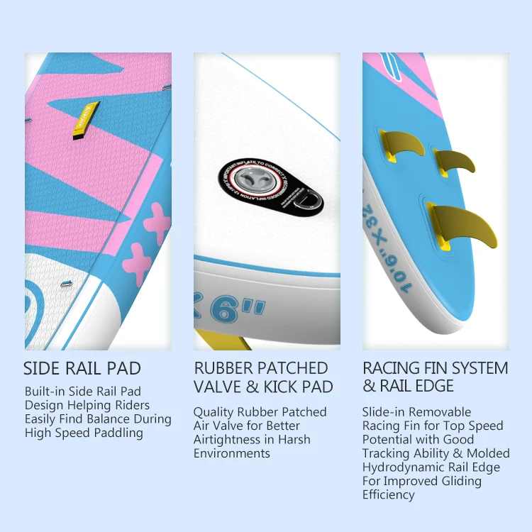 Close-up of paddleboard showing side rail pad, rubber patched valve, and racing fin system with descriptive text.