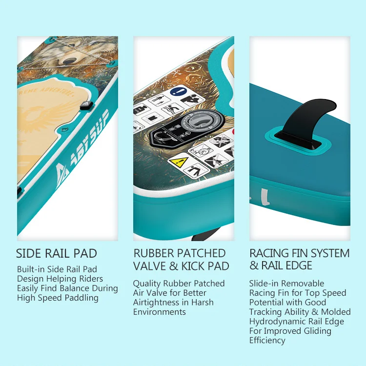 Close-up views of a paddleboard showing the side rail pad, rubber patched valve with kick pad, and racing fin system for enhanced performance and stability.