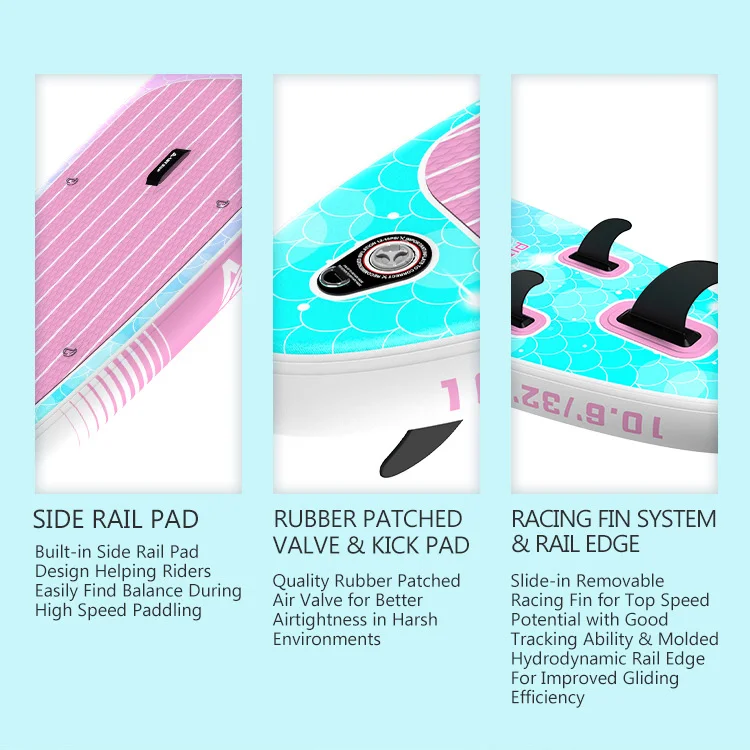 Close-up views of a paddleboard highlighting side rail pad, rubber patched valve with kick pad, and racing fin system details.