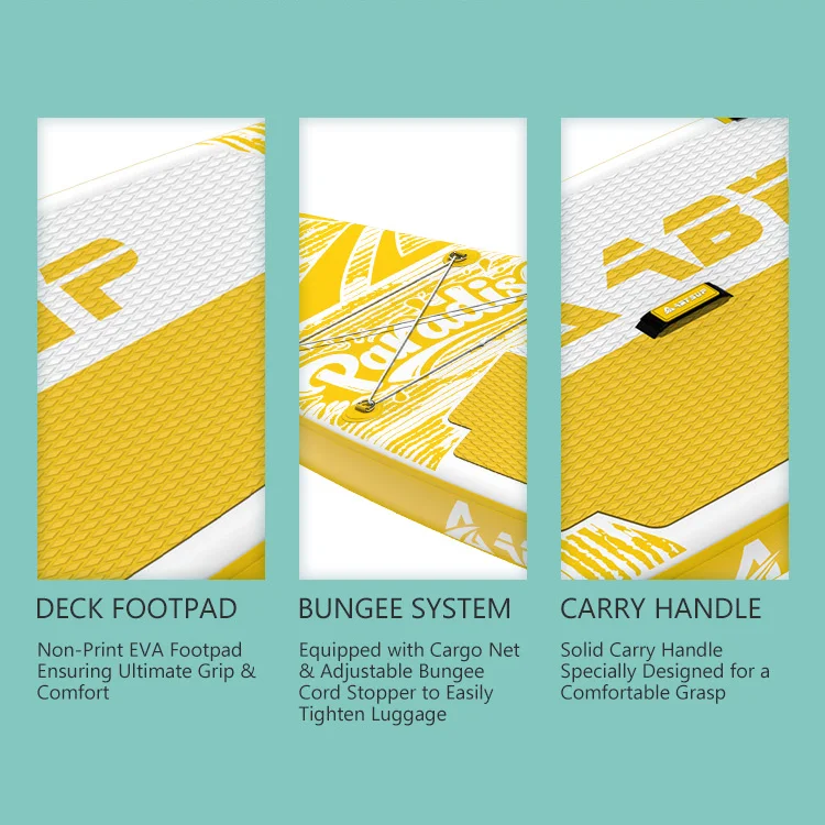 Three-section image showing paddleboard features: deck footpad, bungee system, and carry handle, with text descriptions on each.
