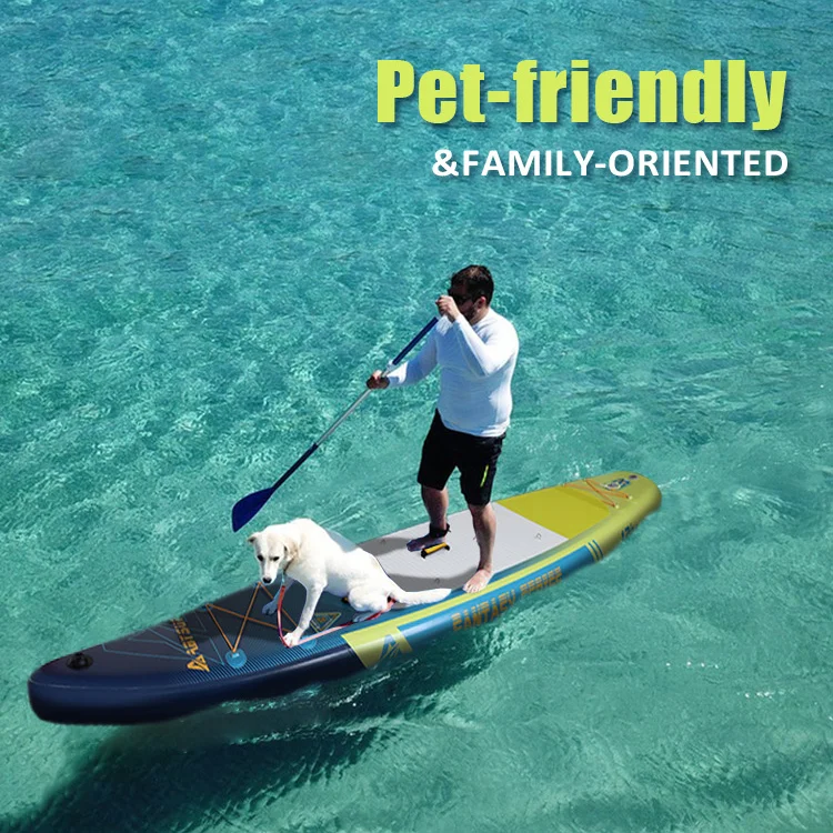 Person paddleboarding with a white dog on a colorful board over clear blue water, signifying a pet-friendly activity.