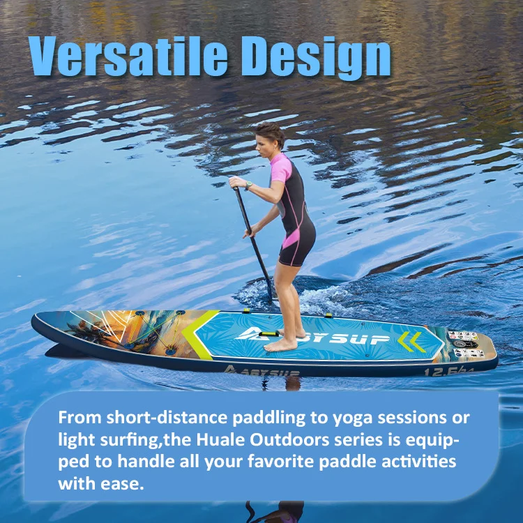 Person paddleboarding on a colorful board with text highlighting versatile design, on a calm body of water.