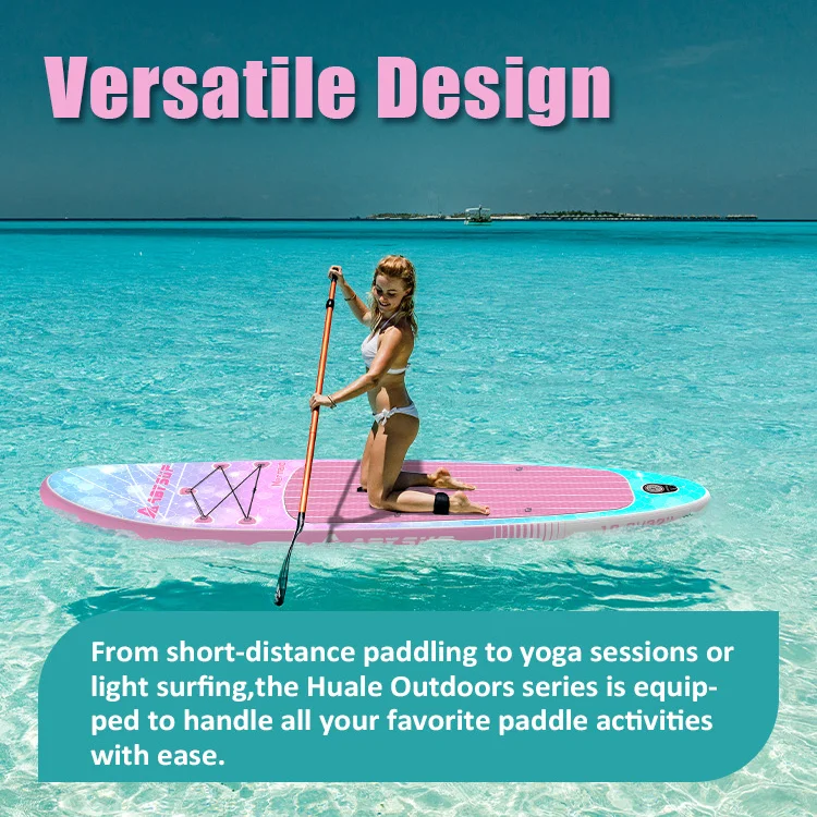 Woman kneeling on a pink paddleboard in clear blue water with text 'Versatile Design.'
