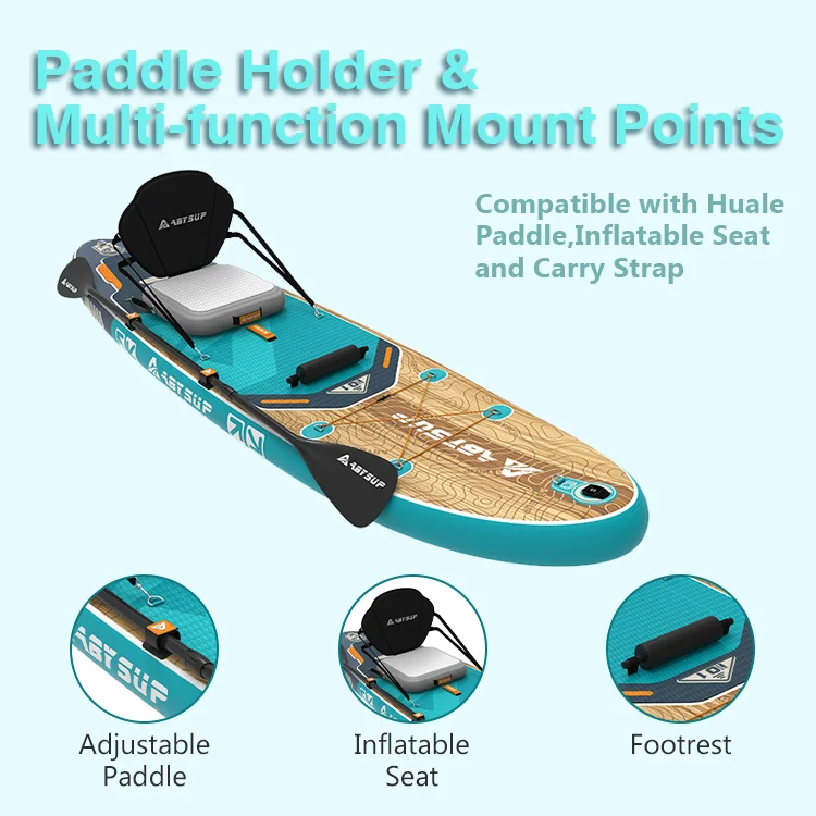 Paddleboard with adjustable paddle, inflatable seat, footrest, and multi-function mount points on a light blue background.