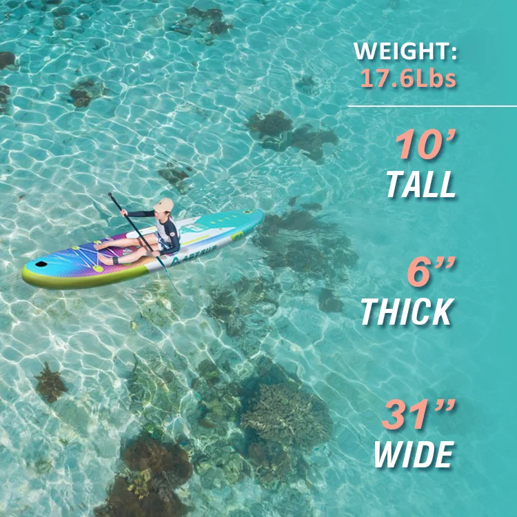 Person paddleboarding on crystal clear water with board dimensions: 10 feet tall, 6 inches thick, 31 inches wide, and 17.6 pounds weight.