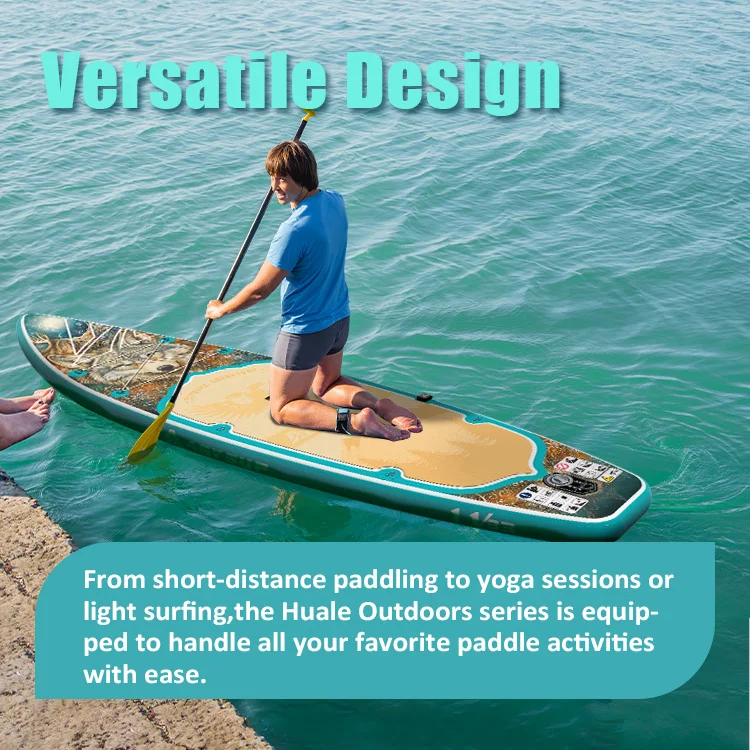 Person kneeling on a paddle board in clear water, holding a paddle, showcasing a versatile design for various activities.