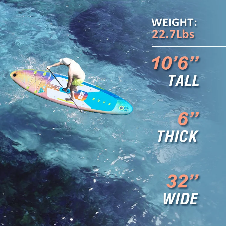 A person paddleboarding on clear ocean water, showing specifications of the board: 10'6" tall, 6" thick, 32" wide, and weighing 22.7 lbs.