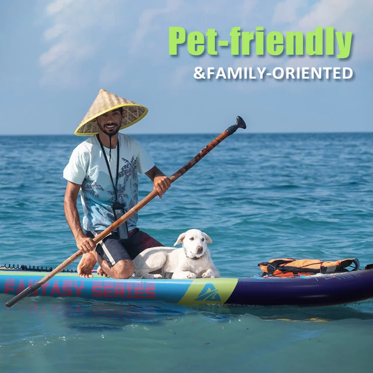 Person wearing a straw hat paddle boarding with a white dog, featuring 'Pet-friendly & Family-oriented' text.