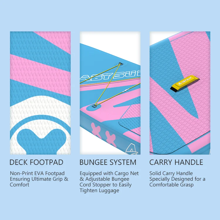Close-up images of a pink and blue stand-up paddleboard showing deck footpad, bungee system, and carry handle details.