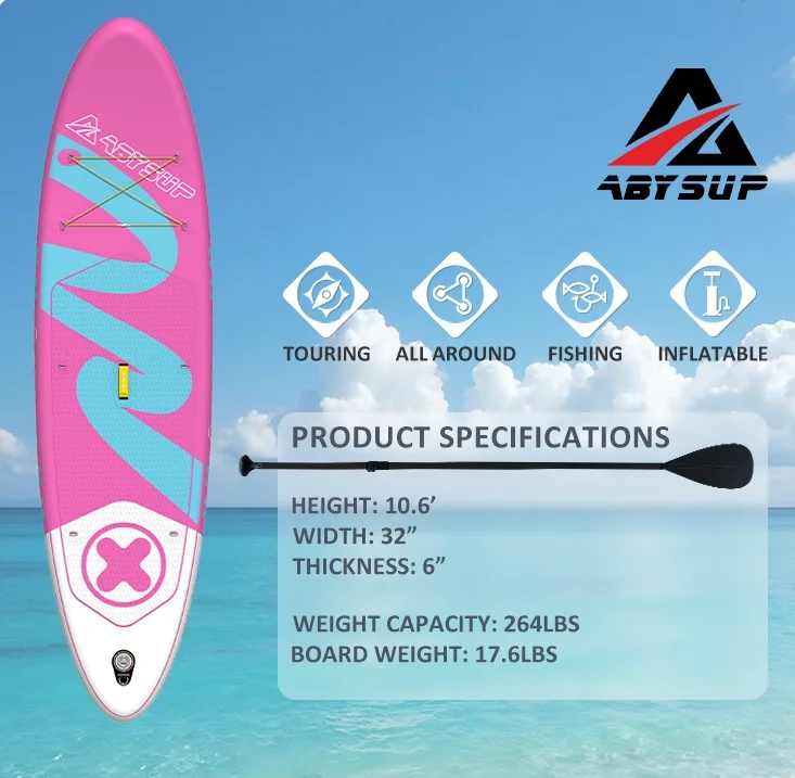 Pink inflatable paddleboard with blue accents on an ocean background, showing specifications for height, width, thickness, and weight capacity.