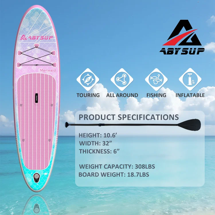 Pink inflatable paddleboard labeled Mermaid with specs: height 10.6', width 32, and features for touring, all-around use, and fishing.