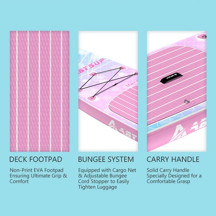 Pink stand-up paddleboard showing non-print EVA footpad, bungee system with cargo net, and solid carry handle.