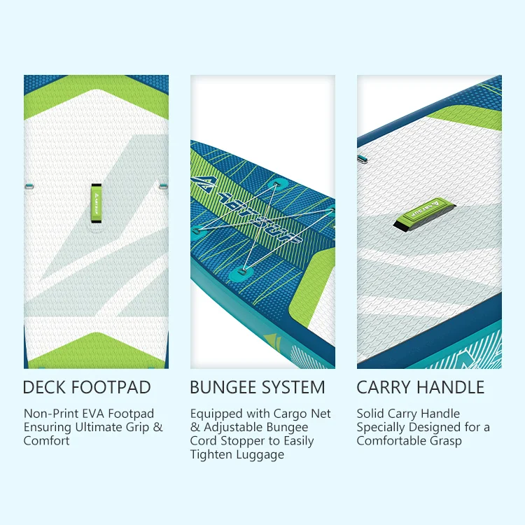 Close-up views of a stand-up paddle board including deck footpad, bungee system with cargo net and adjustable cord, and carry handle.