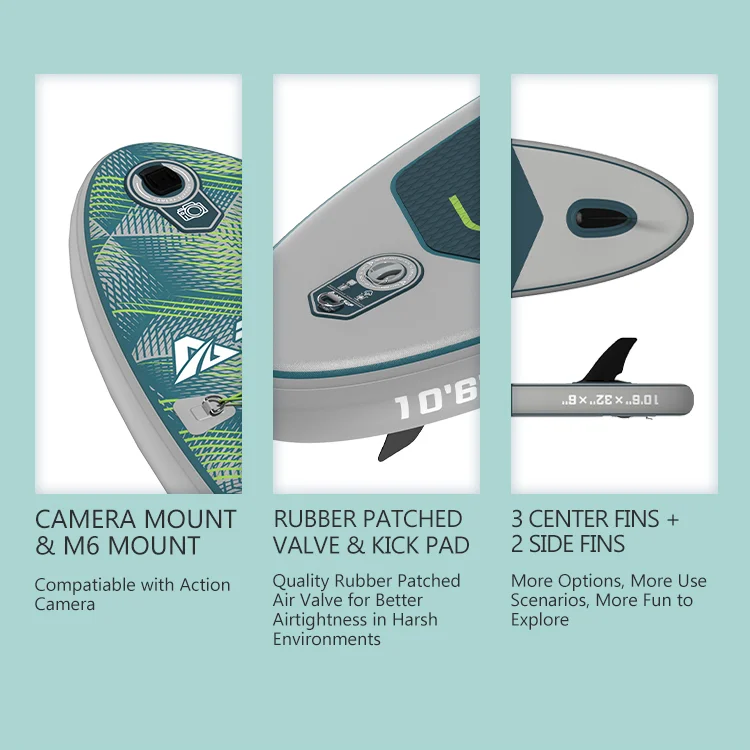 Stand-up paddleboard with camera mount, rubber patched valve, kick pad, and multiple fins displayed in three sections.
