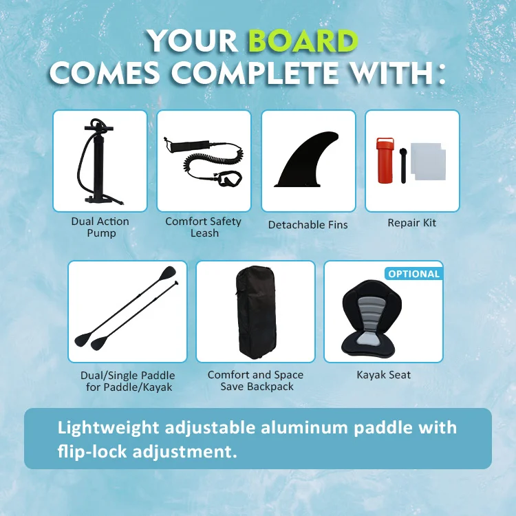 Accessory kit for stand-up paddle board includes pump, leash, fins, repair kit, paddle, backpack, and optional kayak seat.