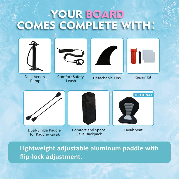 Set of accessories for a stand-up paddleboard including a pump, leash, fins, repair kit, paddle, backpack, and optional kayak seat.