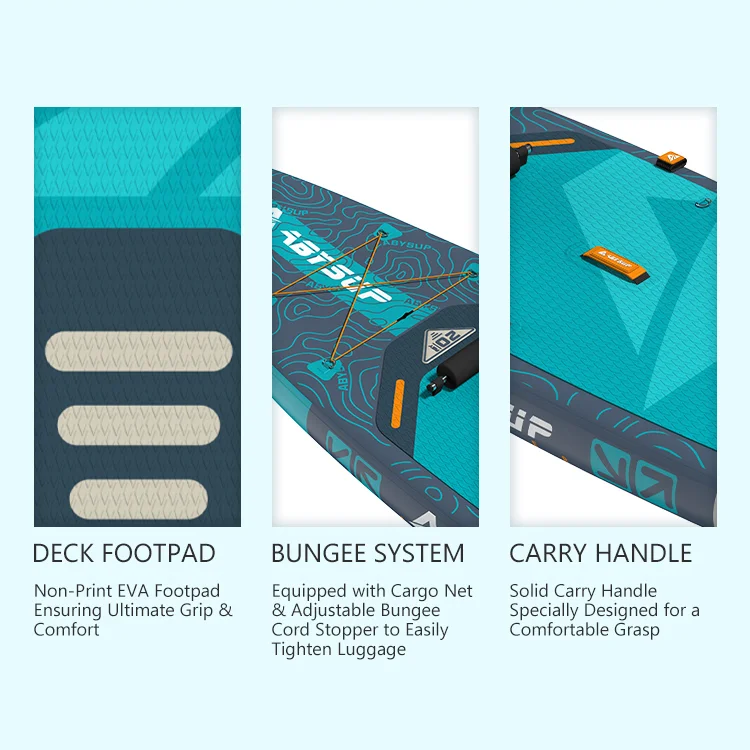 Close-up images of SUP board features including deck footpad, bungee system, and carry handle, highlighting grip, cargo net, and ergonomic handle.
