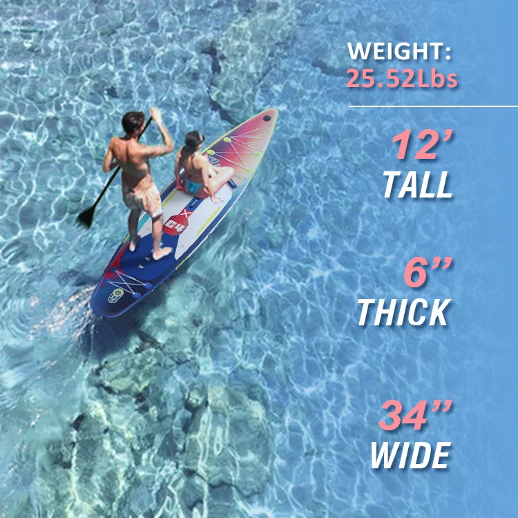 Two individuals paddleboarding on a colorful board over clear, shallow water, showing paddleboard dimensions and weight.