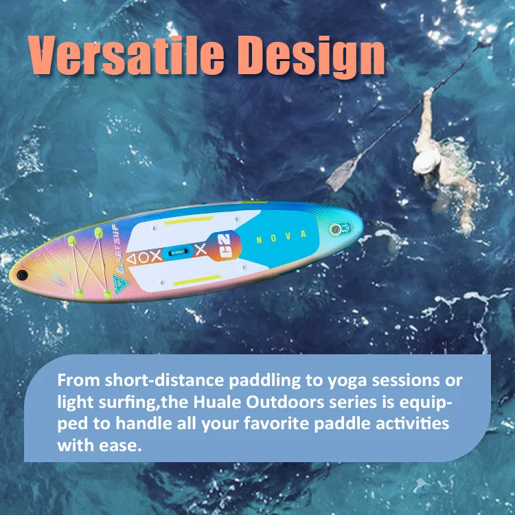 Colorful paddle board with 'Versatile Design' text and a person swimming nearby in the ocean.