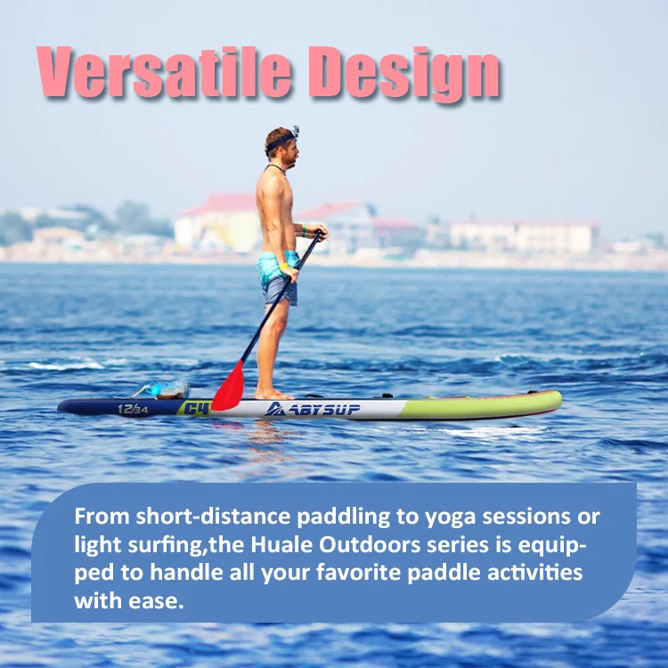 A person paddleboarding on a brightly colored board with a blurred cityscape in the background. Text: 'Versatile Design'.