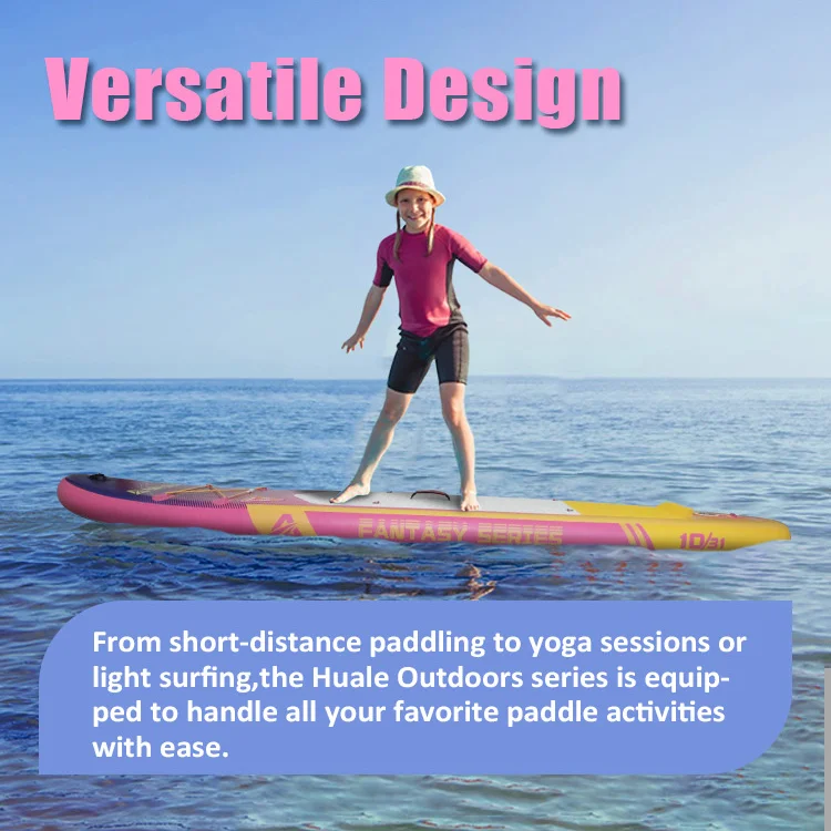 Person balancing on a colorful paddleboard in calm ocean water, showcasing versatile paddleboard design for different activities.
