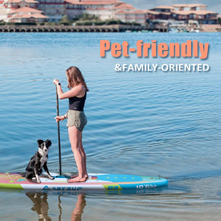 A woman paddleboarding with her dog on a calm lake, showcasing a pet-friendly and family-oriented activity.