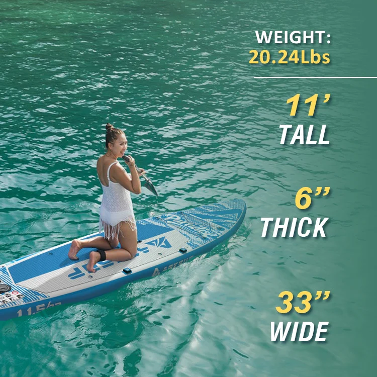 Woman kneeling on a paddle board in water, with specifications: 11' tall, 6" thick, 33" wide, weight 20.24 lbs.