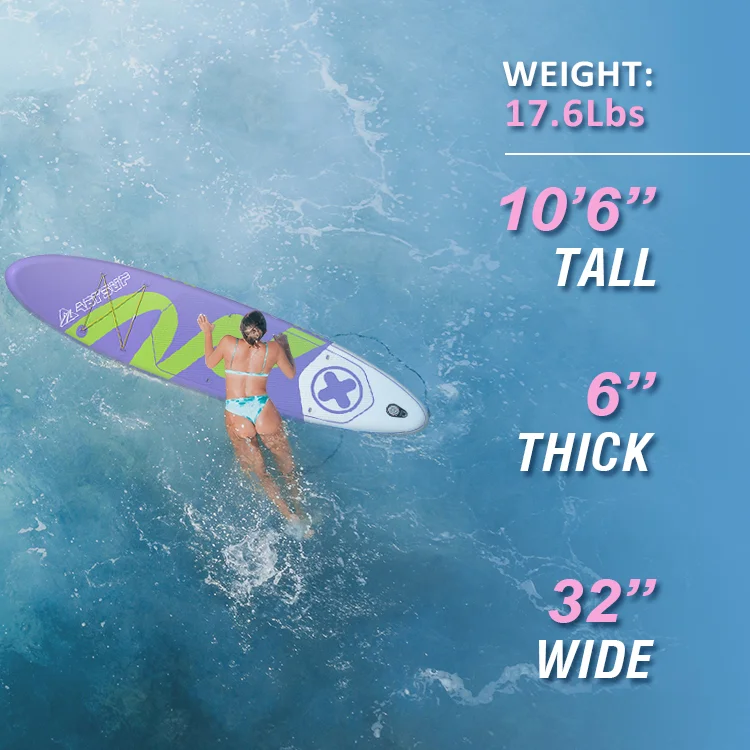 Woman in bikini paddling on a purple and green paddleboard in water, with dimensions and weight listed on the side.