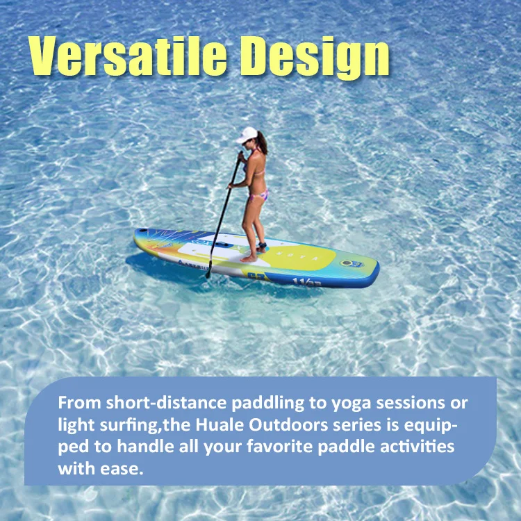 Woman standing on a paddleboard in crystal clear water, showcasing versatile design for various activities like yoga and surfing.