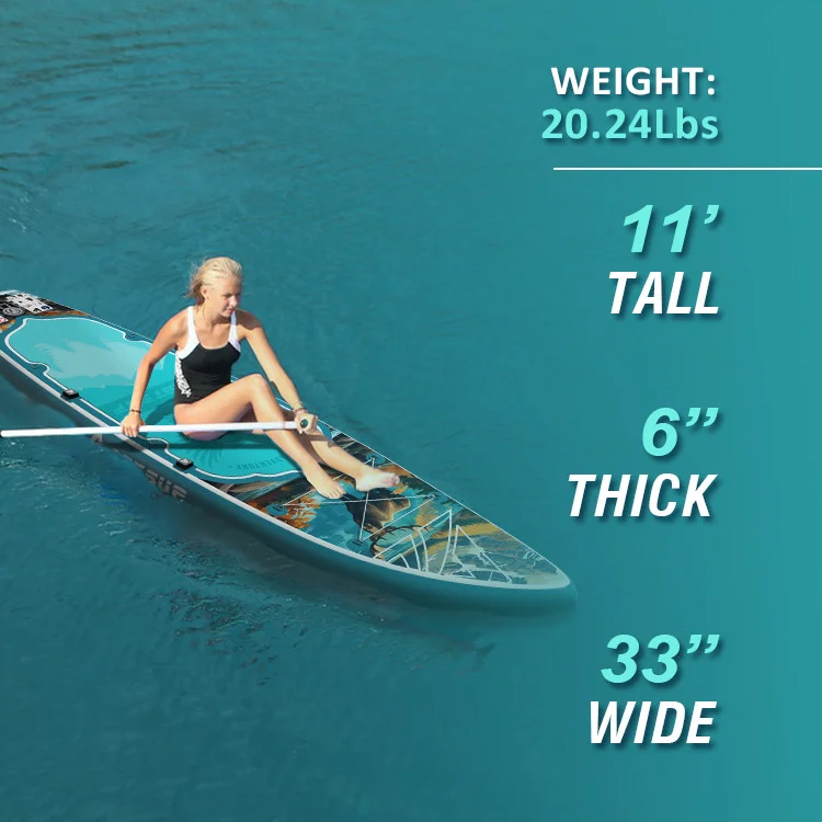 Woman paddleboarding on a turquoise water board with dimensions: 11’ tall, 6’’ thick, 33’’ wide; weight 20.24 lbs.
