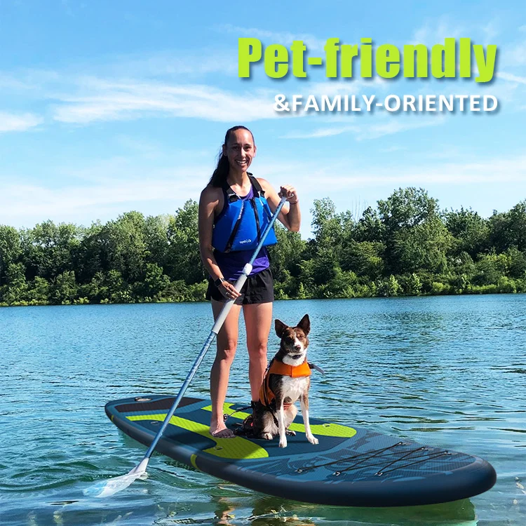 Woman in a blue life jacket paddleboarding with a dog wearing a life vest on a calm lake, surrounded by trees.